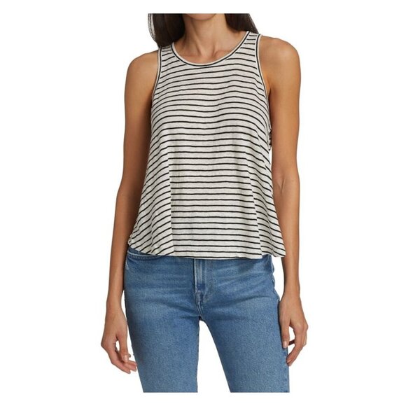 FRAME Swingy Striped Organic Linen Scoop Neck Tank Top White Black - Picture 1 of 8